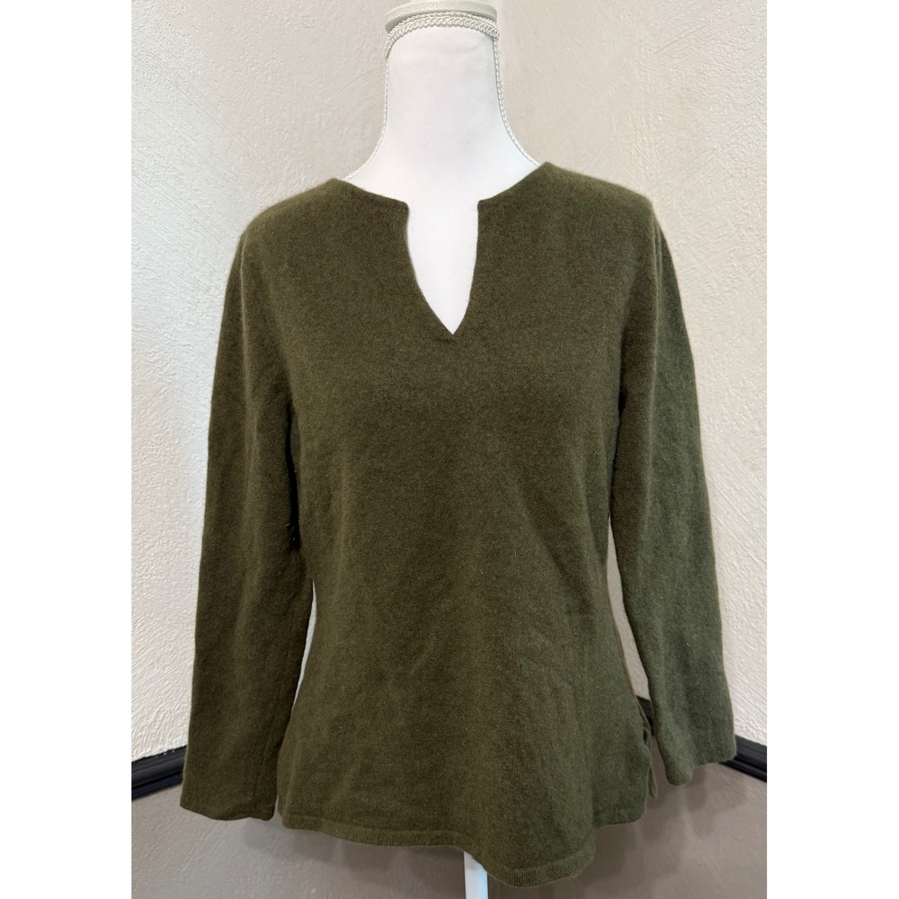 Prive Cashmere Sweater Womens Large Olive Green Split Neck Long Sleeve Knit Top